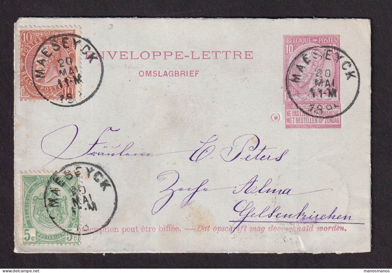 228/41 - Enveloppe-Lettre Type TP 46 + TP Armoiries Et Fine Barbe MAESEYCK 1895 Vers GELSENKIRCHEN Allemagne - Omslagbrieven