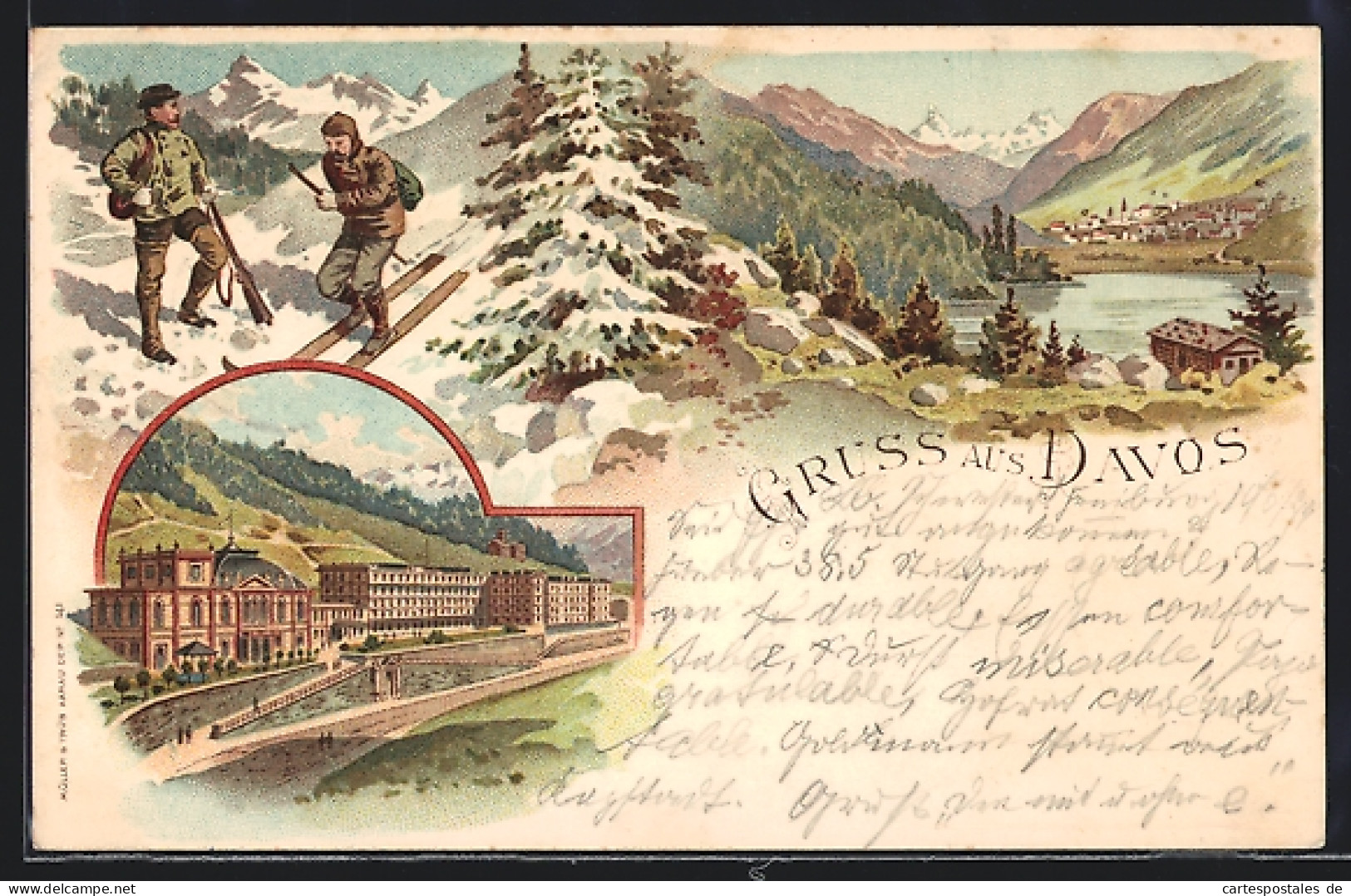 Lithographie Davos, Ortspartie, Ortsansicht Mit See Und Skifahrer  - Davos