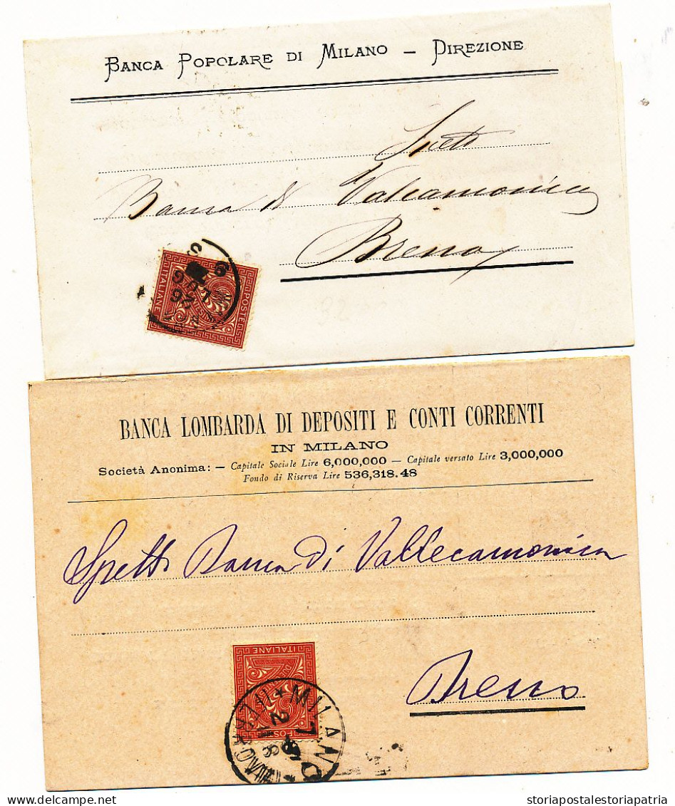 1866/1887 MILANO DUE STAMPE BANCARIE CON 0,02  TIRATURE DE LA RUE E TORINO - Marcophilie