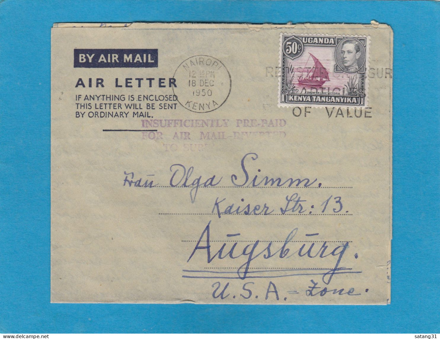 AEROGRAMME ENVOYE PAR VOIE TERRESTRE AVEC CACHET "INSUFFICIENTLY PREPAID FOR AIR MAIL - DIVERTED FOR SURFACE MAIL - Kenya, Uganda & Tanganyika