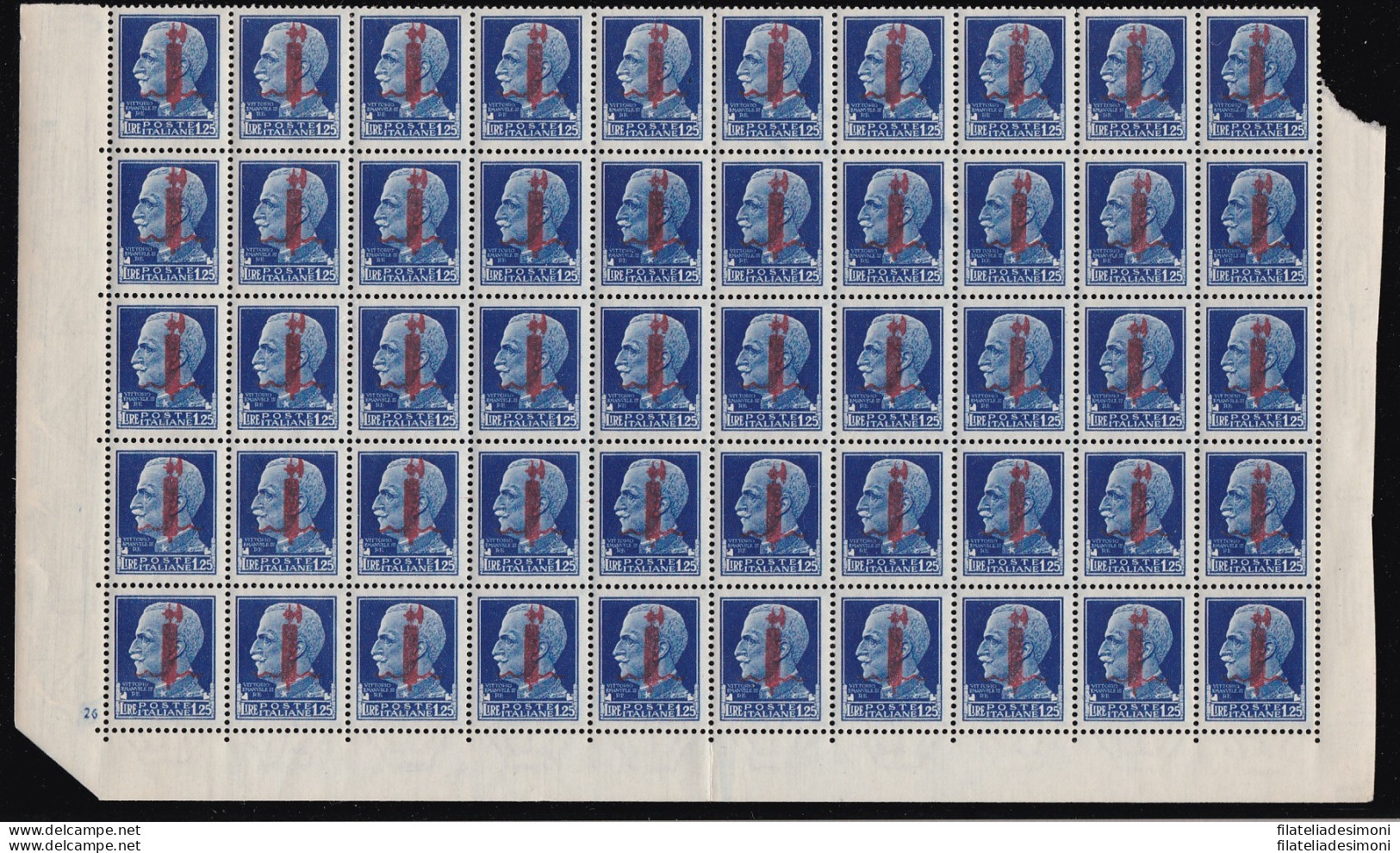 1944 RSI, N° 495 Lire 1,25 Azzurro MNH/** BLOCCO DI 50 CON NUMERO DI TAVOLA - Autres & Non Classés