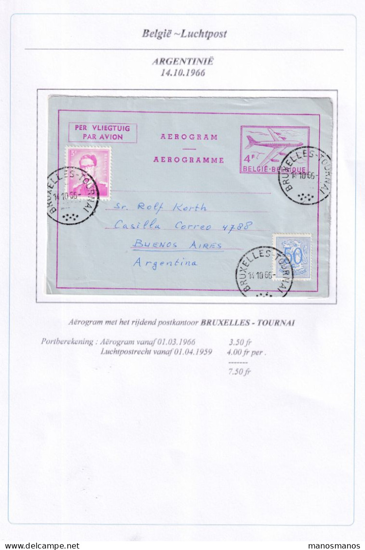 234/41 - Entier Aérogramme + TP Lunettes AMBULANT Bruxelles-Tournai 1966 Vers BUENOS AIRES Argentine (Cote D = Rare) - Bahnpoststempel