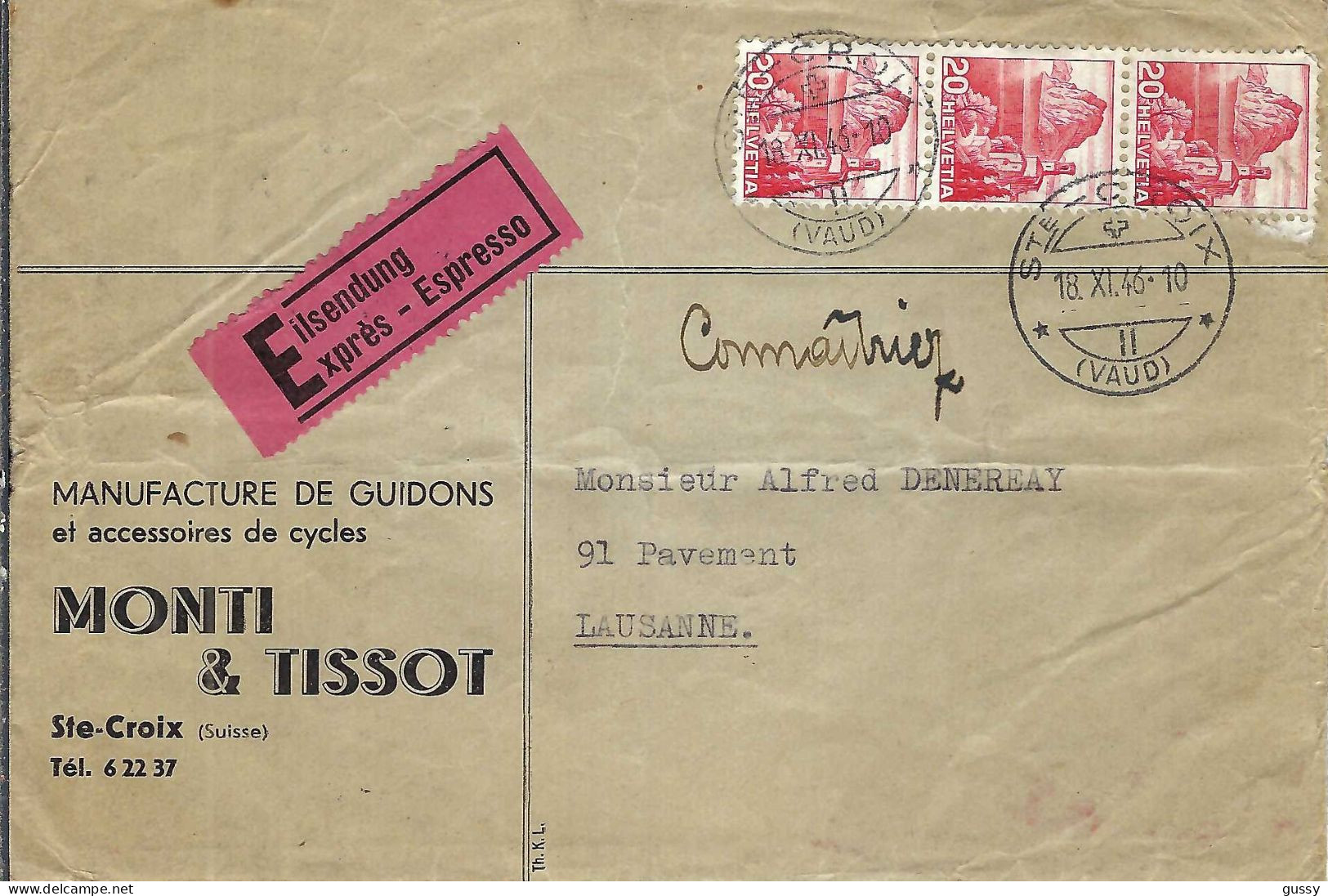 SUISSE 1946: LSC Par Exprès De Ste Croix Pour Lausanne - Lettres & Documents