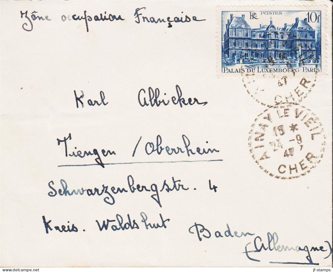 1947. REP. FRANCAISE. 10 F Palais Du Luxembourg, Paris Single On Fine Cover To Baden, Zone Oc... (Michel 758) - JF545764 - Covers & Documents