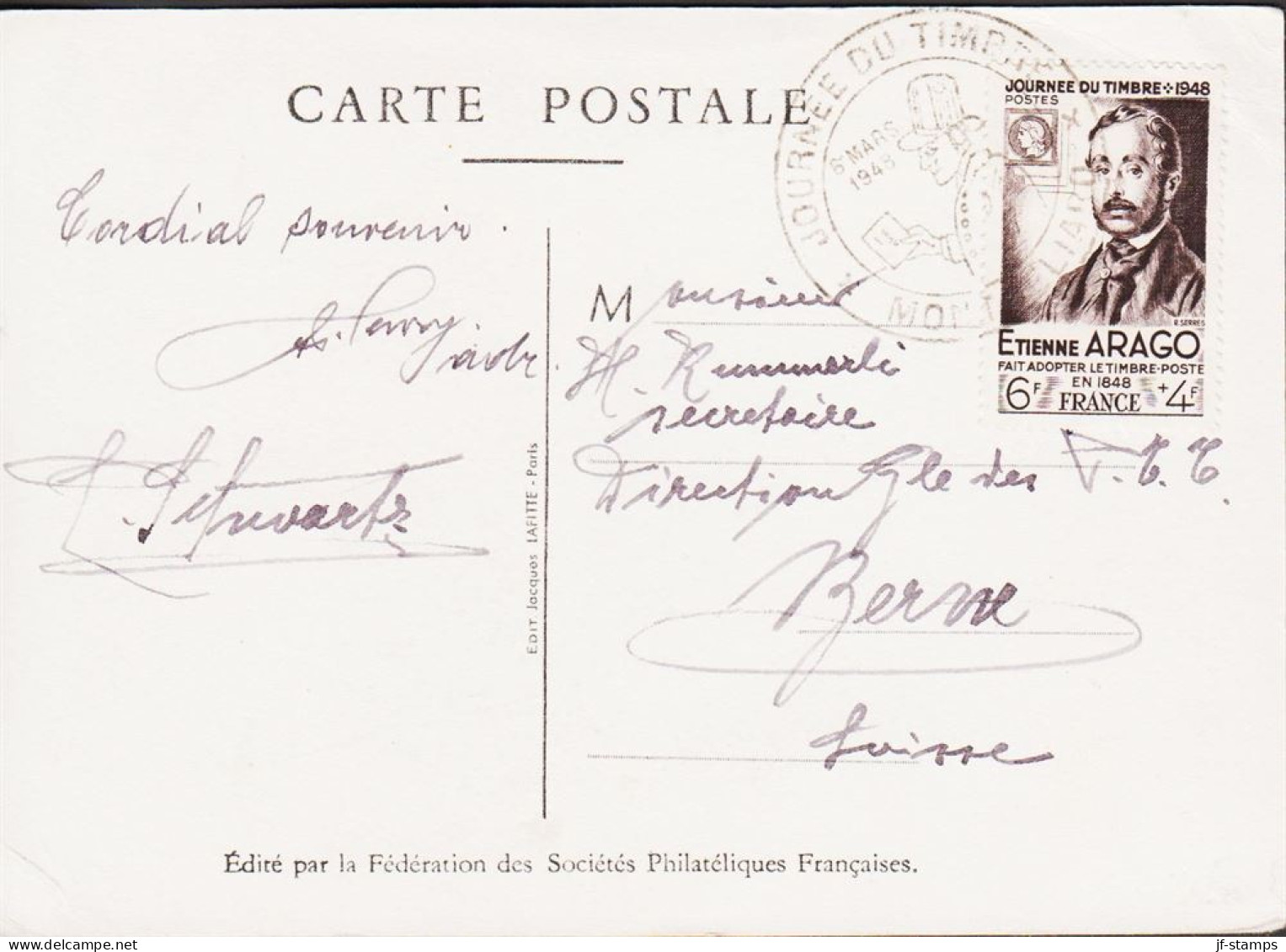 1948. REP. FRANCAISE. 6+4 F JOURNEE DU TIMBRE On Fine Motive FDC Card Cancelled JOURNEE DU TI... (Michel 812) - JF545767 - Covers & Documents