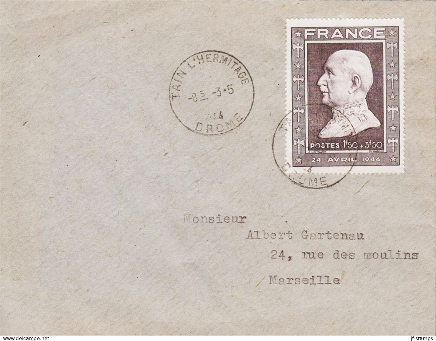 1944. REP. FRANCAISE. Marschall Pétain 1F50+3F50 On Fine Envelope To Marseille Cancelled TAIN... (Michel 619) - JF545768 - Covers & Documents