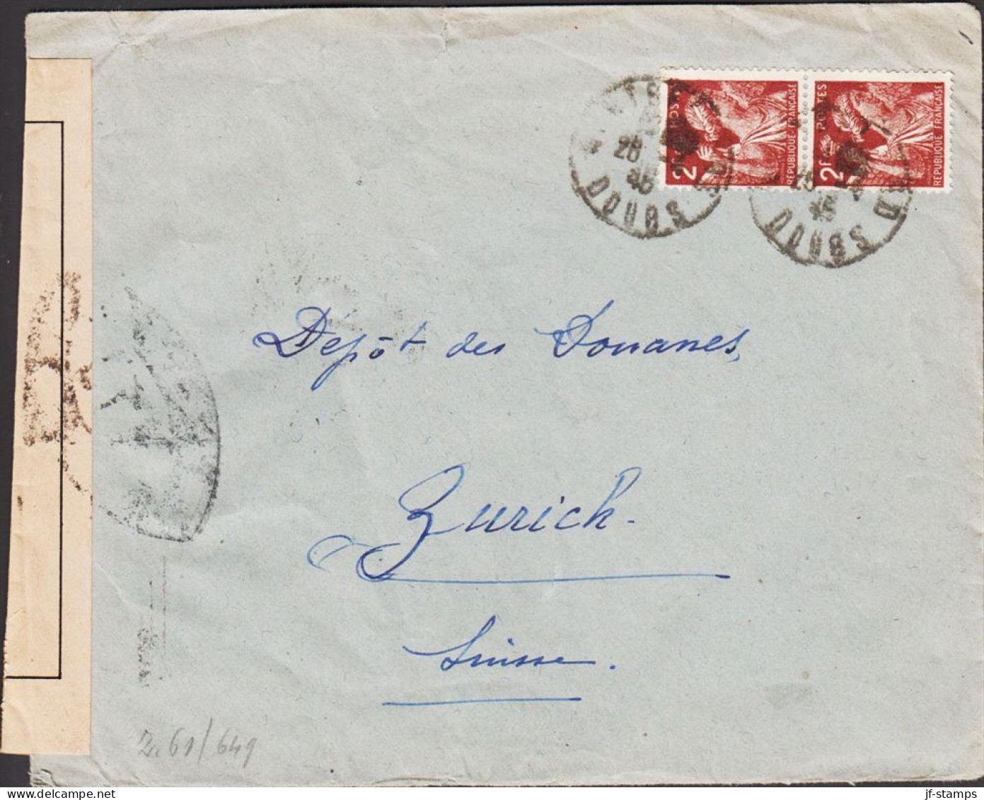 1945. REP. FRANCAISE. Pair 2 F Iris On Censored Cover To Zürich, Suisse Cancelled DONES 28 10... (Michel 663) - JF545775 - Covers & Documents