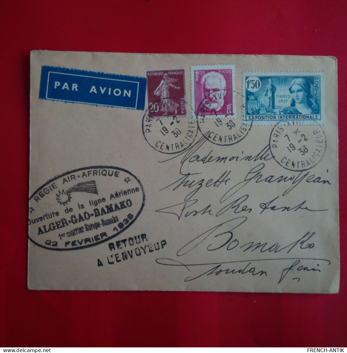 LETTRE PARIS POUR BAMAKO CACHET REGIE AIR AFRIQUE ALGER GAO BAMAKO 1938 PAR AVION - Autres & Non Classés