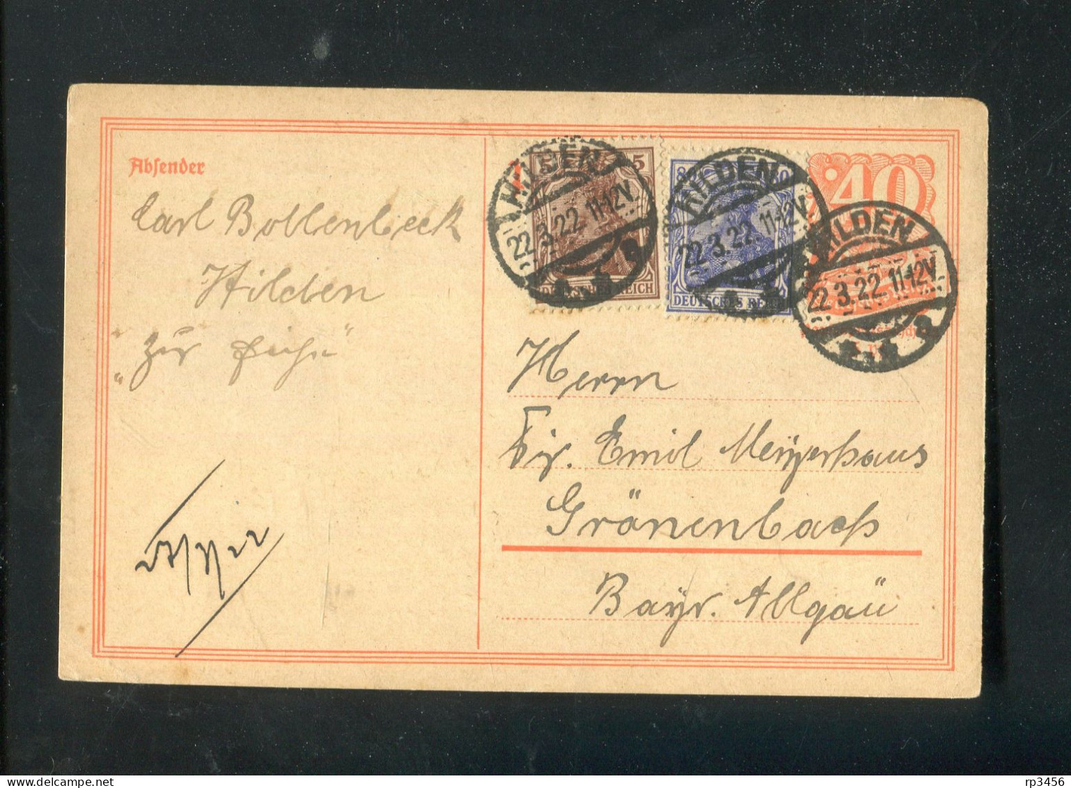 "DEUTSCHES REICH" 1922, Postkarte Mit Infla-Zusatzfrankatur Stegstempel "HILDEN" (R1219) - Postcards