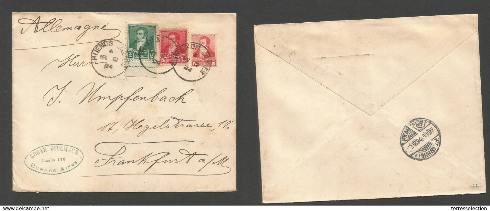 Argentina - Stationery. 1894 (Nov 12) Buenos Aires - Germany, Frankfurt (1 Dec) 5c Orange + 2 Adtls Stationary Envelope, - Sonstige & Ohne Zuordnung