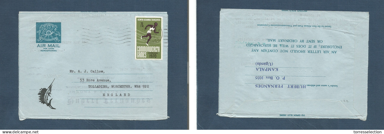 BC - Kenya. 1970 (24 Aug) Uganda, Kampala - England, Tolladine 70c Fkd Illustrated Air Lettersheet. Fish Comm Ganas, Spo - Altri & Non Classificati