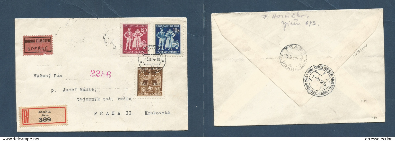 CZECHOSLOVAKIA. 1944 (15 March) Jitschin - Prague (16 March) Registered Express Multifkd Env. XSALE. - Other & Unclassified