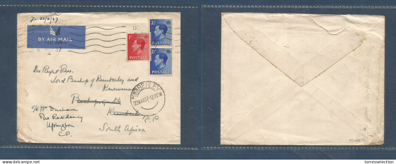Great Britain - XX. 1937 (9 March) Sussex - South Africa, Kimberley (22 March) Air Imperial Multifkd Env At 6d Rate AS 4 - ...-1840 Préphilatélie