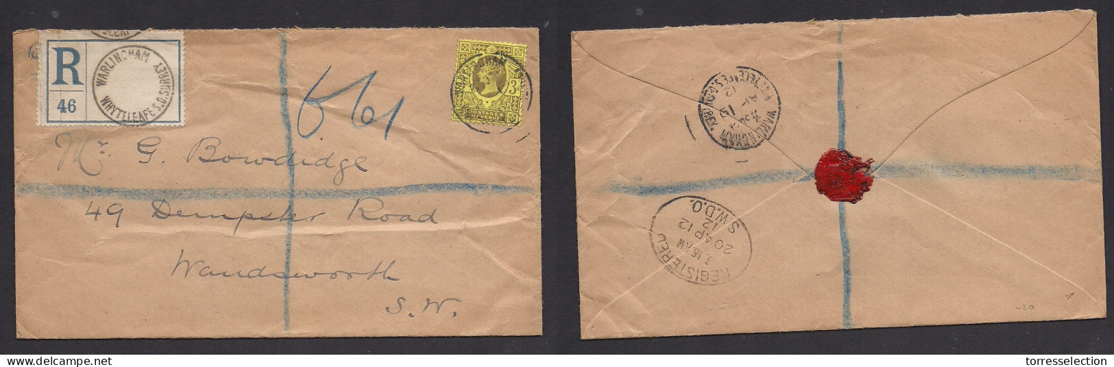 GREAT BRITAIN. 1912 (Apr 19) Warlingham - Wandsworth. Registered QV 3d Fkd Env, Tied Small Cds. XSALE. - ...-1840 Prephilately