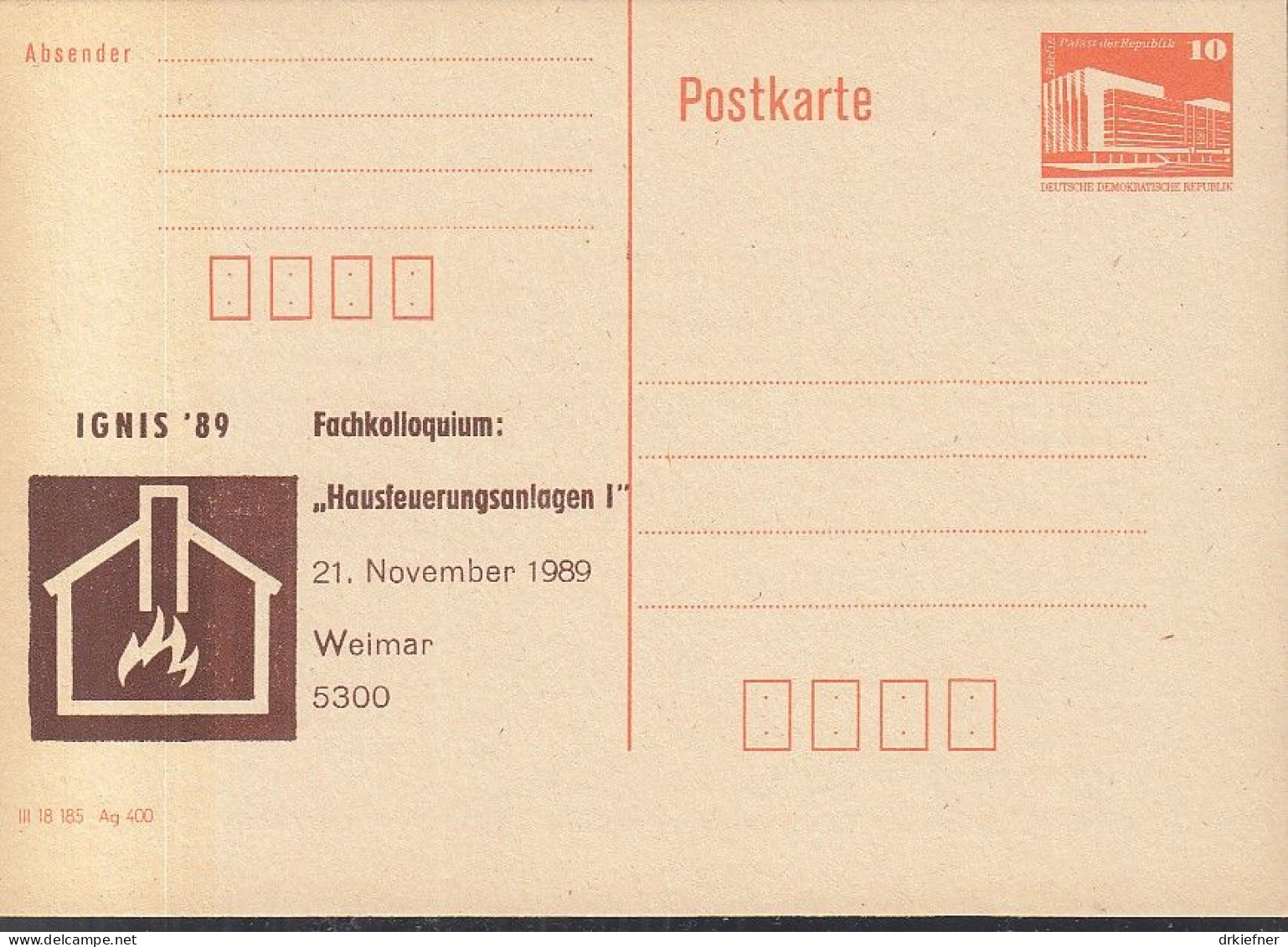 DDR PP 19 II, Ungebraucht, IGNIS '89, Fachkolloquium Hausfeuerungsanlagen, Weimar, 1989 - Privatpostkarten - Ungebraucht