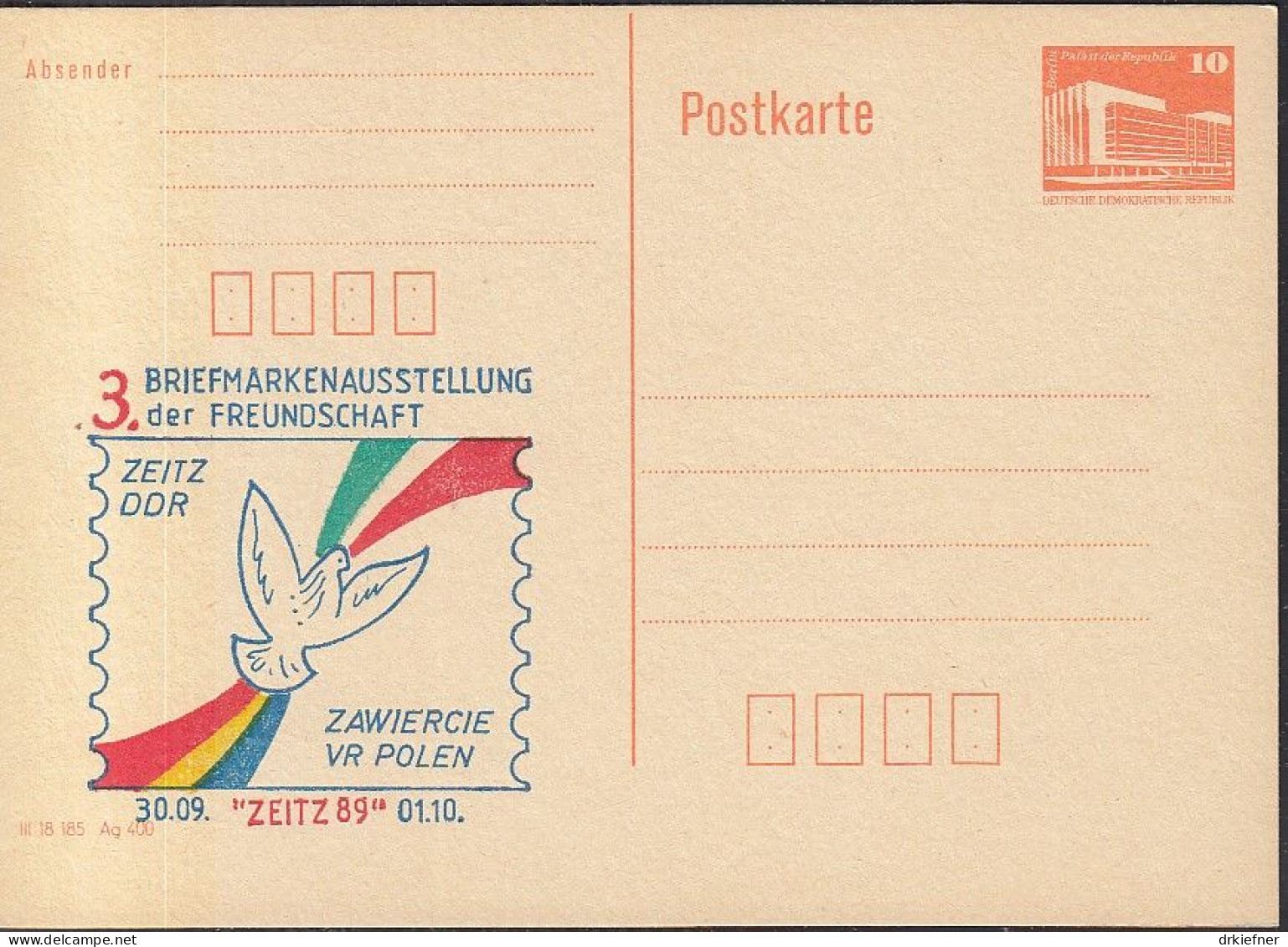 DDR PP 19 II, Ungebraucht, 3. Biefmarkenausstellung Der Freundschaft ZEITZ '89, Zeitz-Zawiercie, 1989 - Privatpostkarten - Ungebraucht