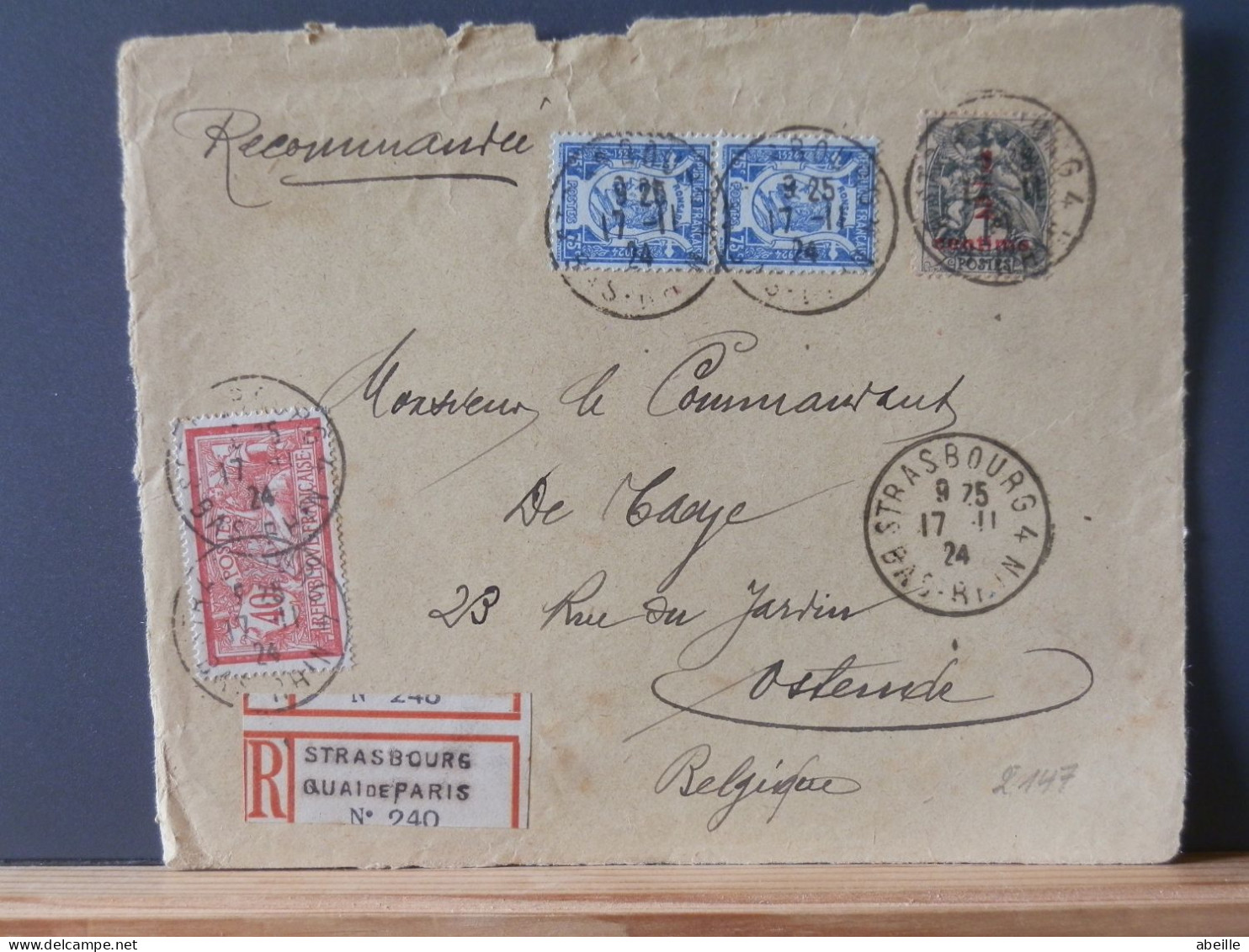 FRANCE/2147   LETTRE  RECOMM.  FRANCE  1/2C  BLANC COMPL.    1924 - 1900-29 Blanc