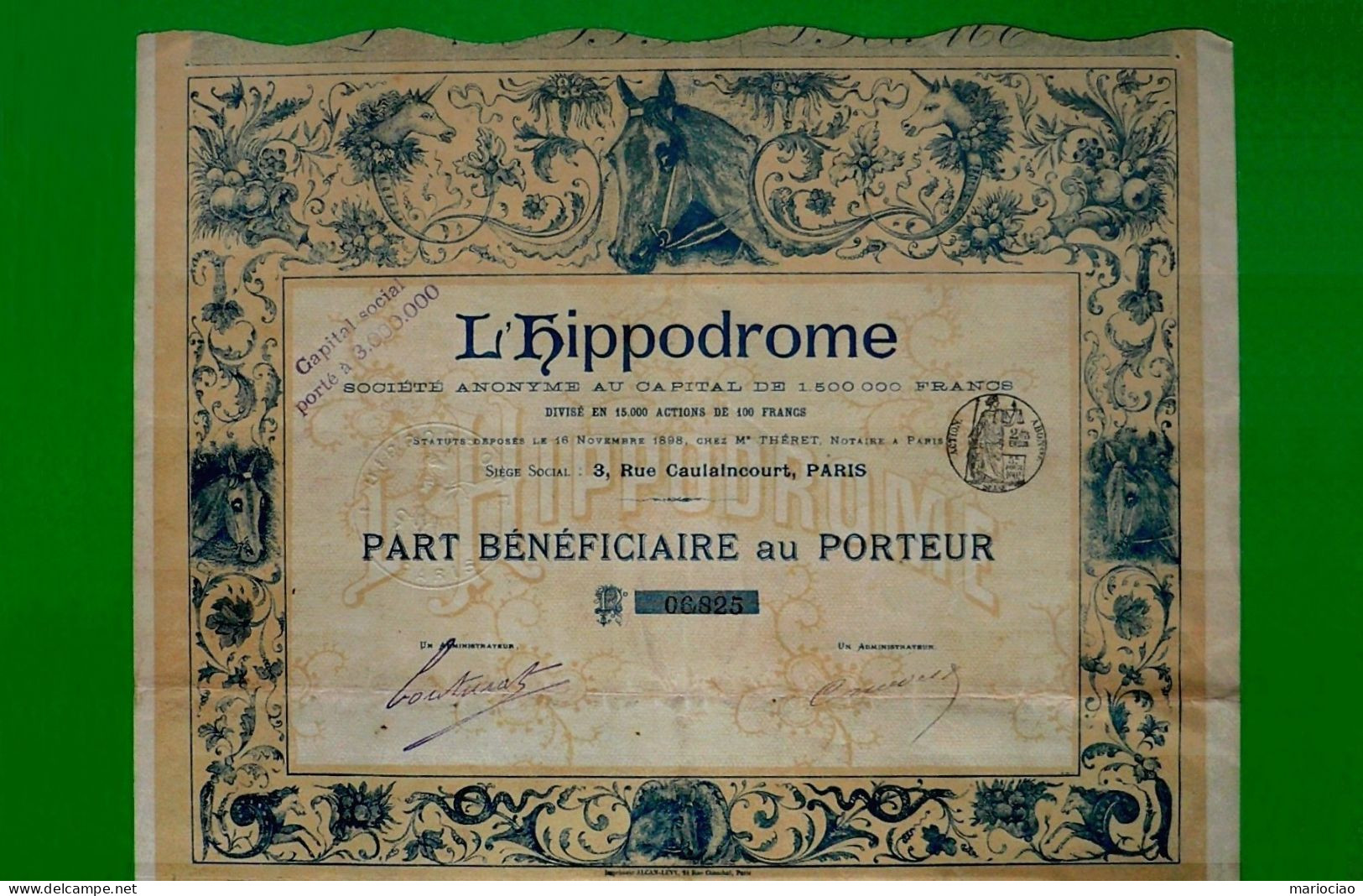 T-FR L'Hippodrome 1898 Part Beneficière Au Porteur - Deportes