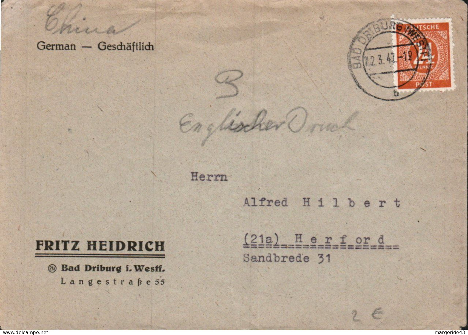 SEUL SUR  LETTRE DE BAD DRIBURG 1947 - Lettres & Documents