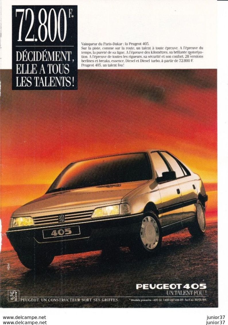 3 Feuillets De Magazine Peugeot 405 SRI 1988 & GL 1400 Cm 1989 - Cars