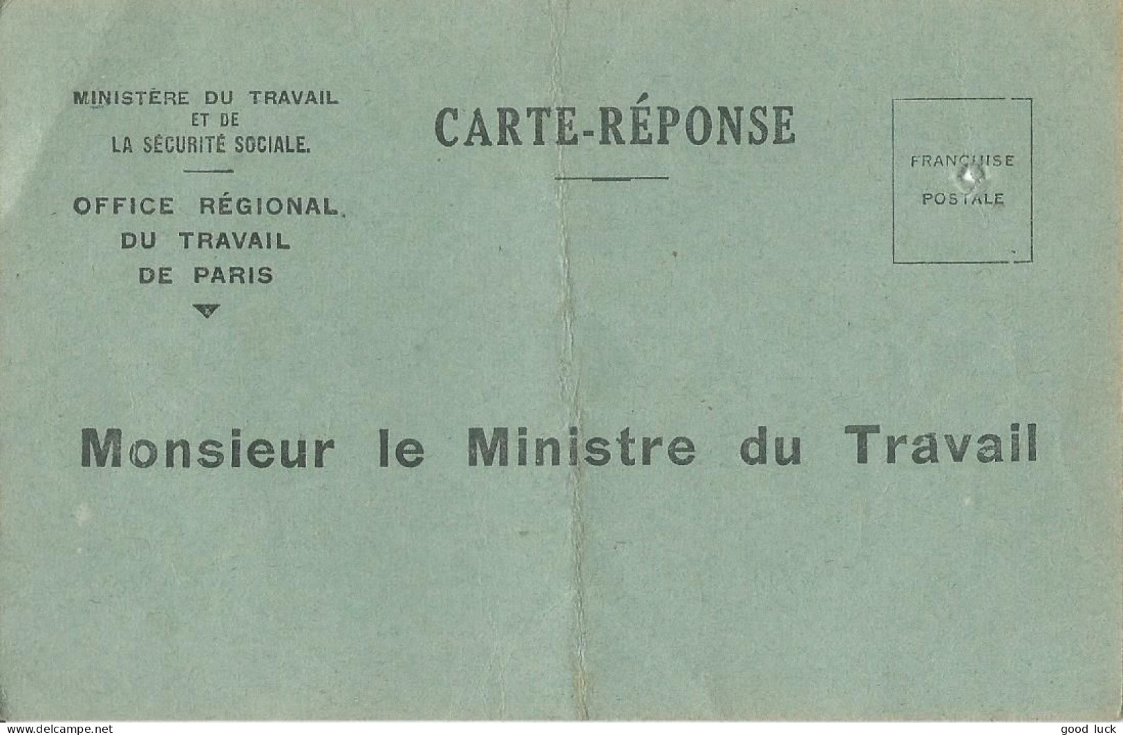 FRANCE CARTE REPONSE MINISTERE DU TRAVAIL POUR UNE PLONGEUSE DE 1947 LETTRE COVER - Civil Frank Covers