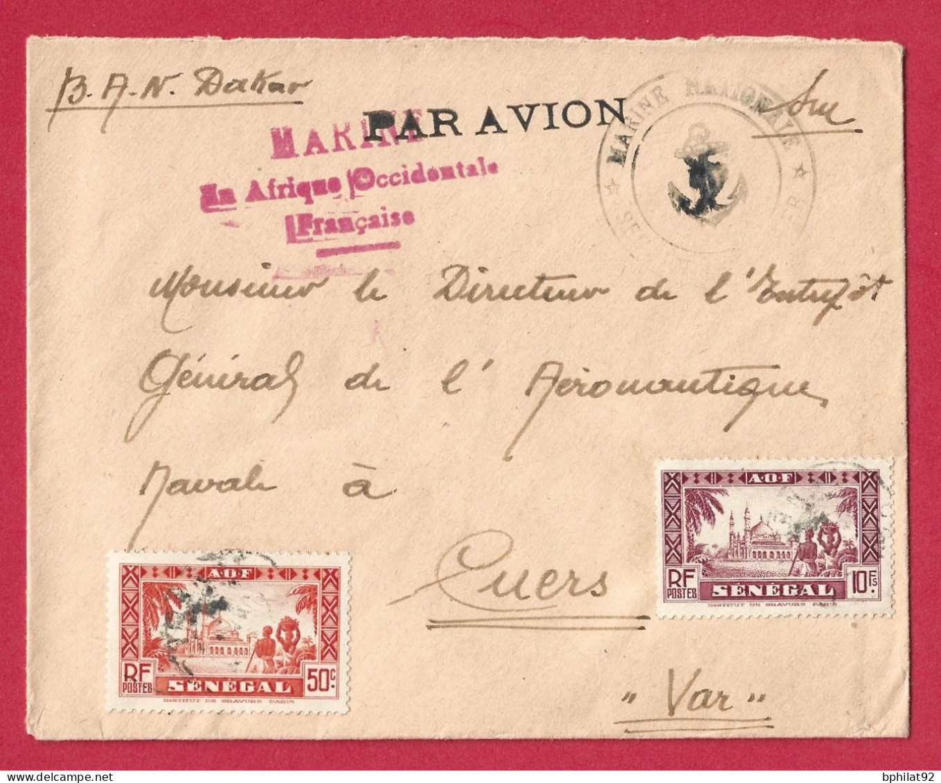 !!! SÉNÉGAL, LETTRE FM PAR AVION DE LA BASE AÉRONAVALE DE DAKAR POUR LA FRANCE, CACHET DE LA MARINE NATIONALE EN AOF - Covers & Documents