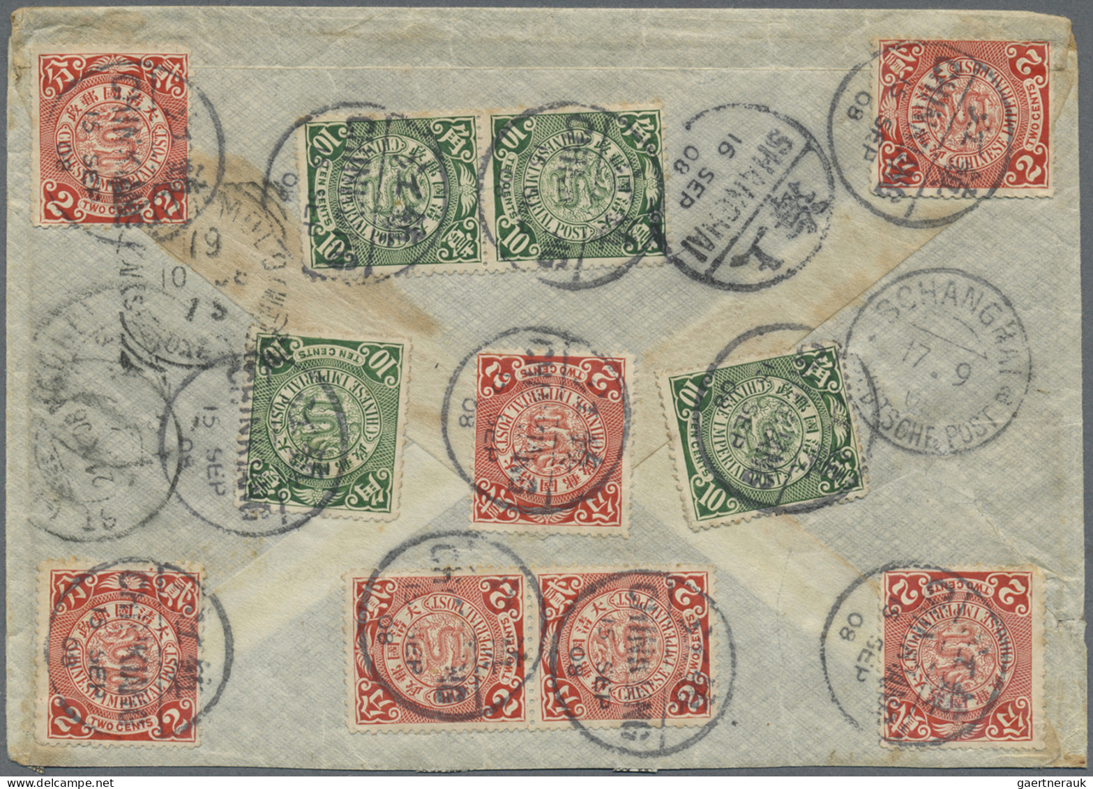 China: 1902, Coiling Dragon 2 C. Red (7), 10 C. Green (4) Tied "CHINKIANG 15 SEP - 1912-1949 Republik