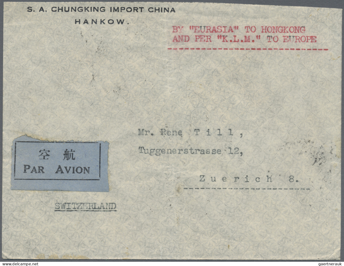 China: 1938/39, Two Air Mail Covers To Zurich/Switzerland: $1.75 Frank Tied "HAN - Cartas & Documentos