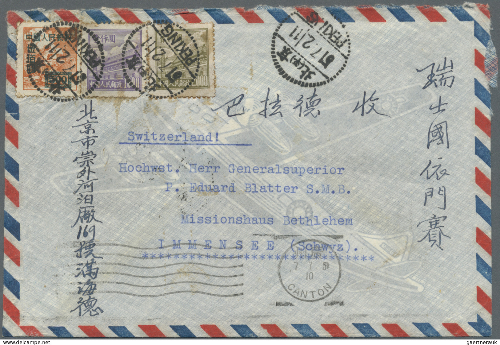 China (PRC): 1950, Tien An Men, Two Small Size Air Mail Covers From "PEKING" Via - Brieven En Documenten