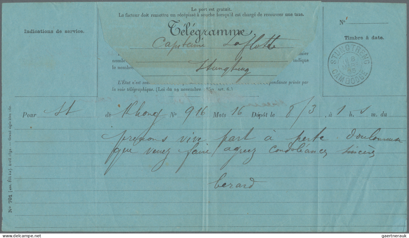 French Indochine: 1895 Telegram Form (blue) Dated '8th Mars 1895' Addressed To K - Briefe U. Dokumente