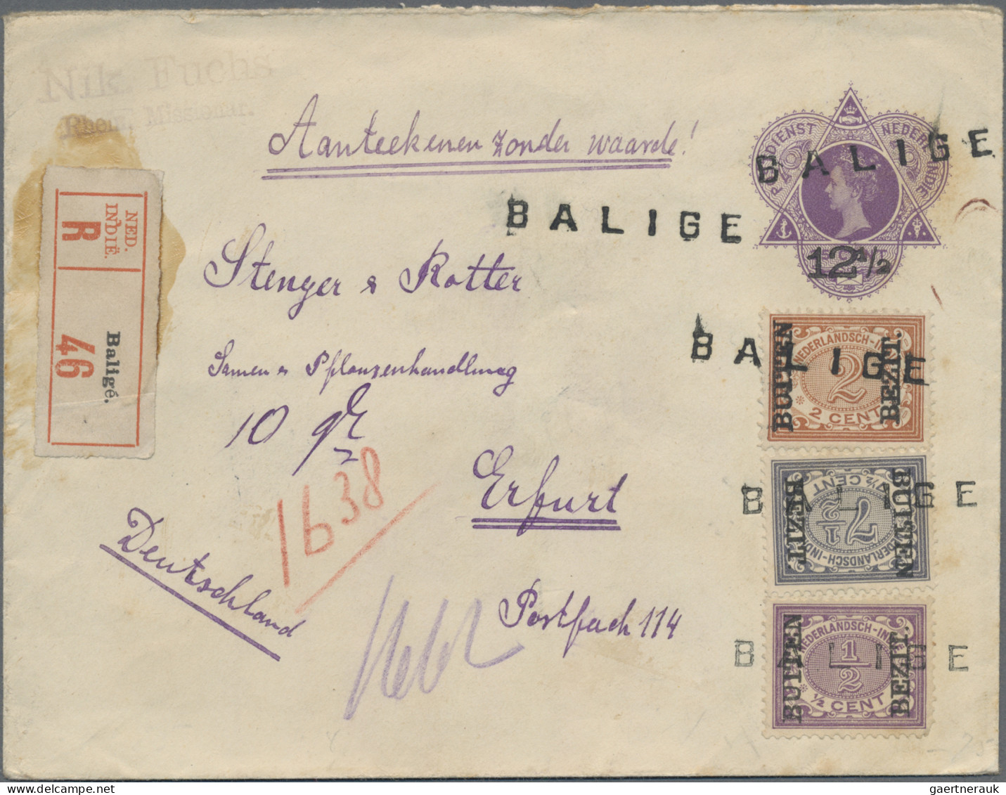 Dutch India - Postal Stationery: 1912, Envelope 12 1/2 C. On 25 C. Uprated "Buit - Netherlands Indies