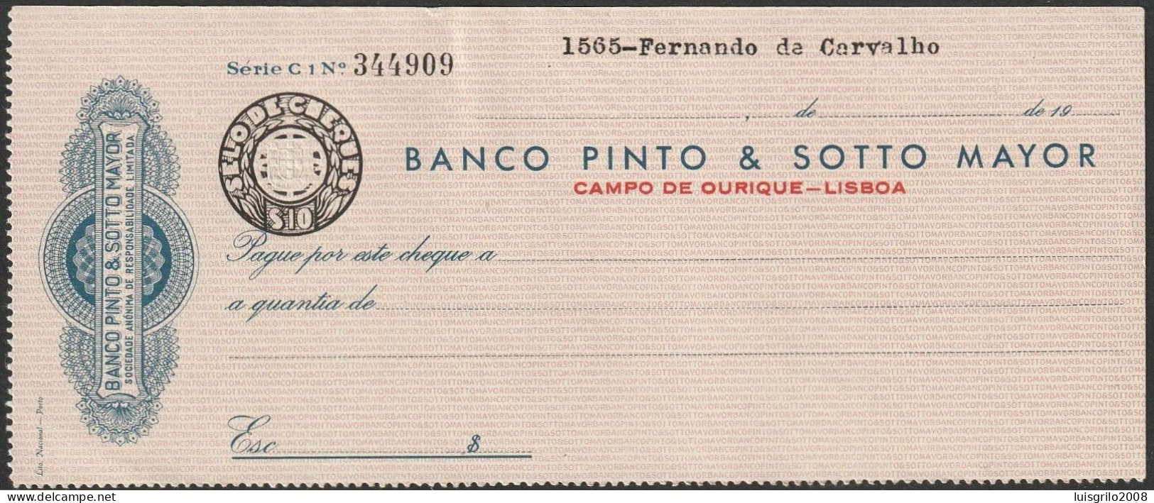 Portugal, Cheque - Banco Pinto & Sotto Mayor. Campo De Ourique, Lisboa - Cheques En Traveller's Cheques