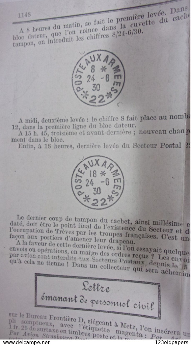 1930 TRIER TREVES DERNIERE LEVEE DU DERNIER JOUR AVANT EVACUATION RHENANIE POSTE AUX ARMEES 22 AVEC EXPLICATIF - Altri & Non Classificati