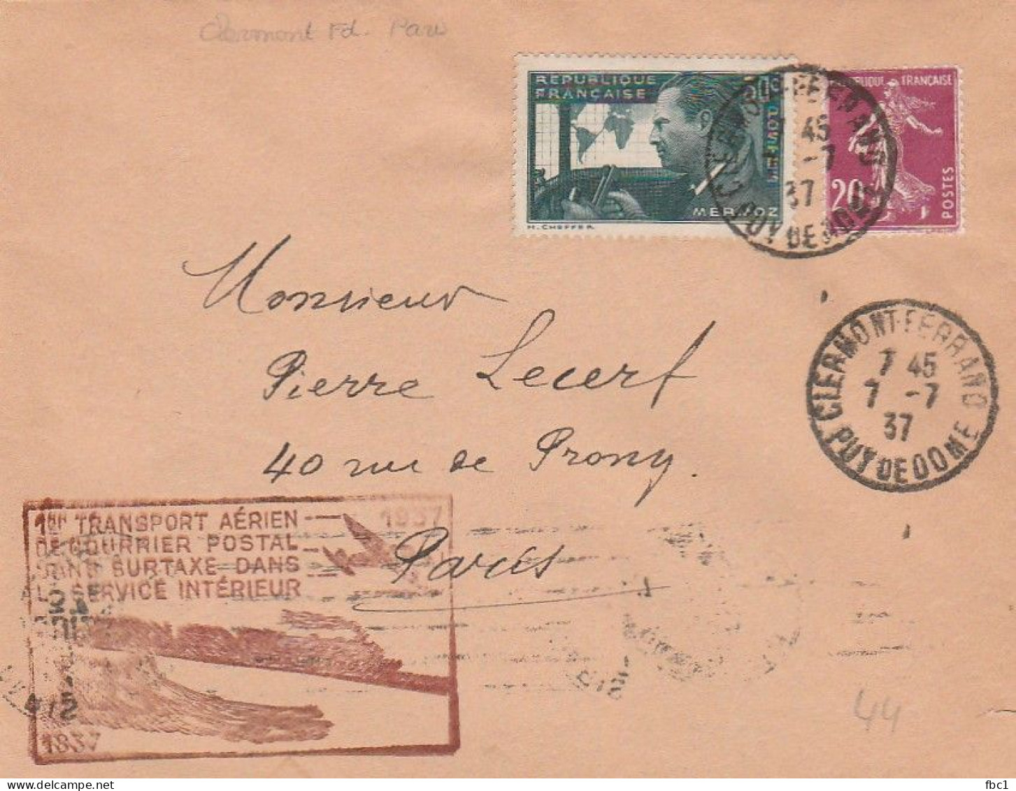 1er Transport Aérien Sans Surtaxe - Clermont Ferrand - Paris    07/07/1937 - 1927-1959 Lettres & Documents