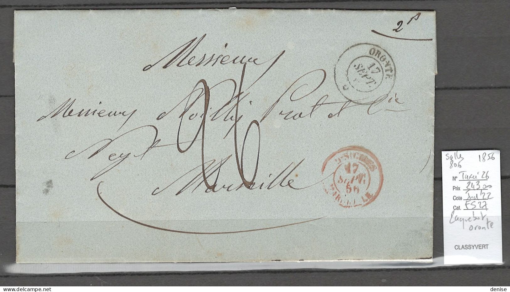 France -Lettre Du Paquebot De La Méditerranée  ORONTE - 1856 - Maritime Post