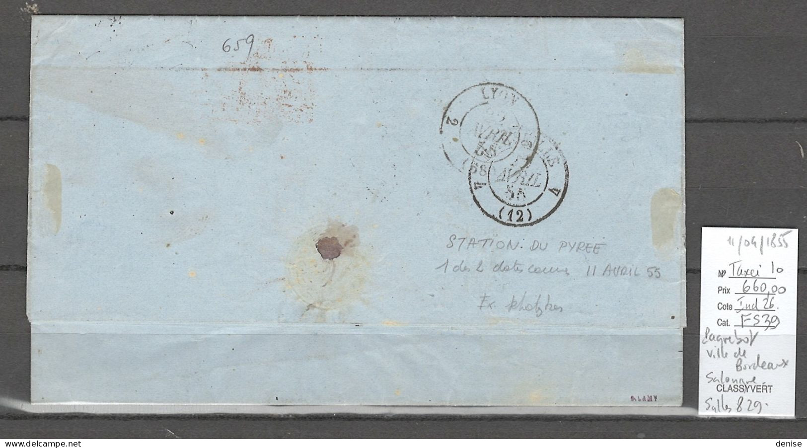 France -Lettre Du Paquebot De La Méditerranée  VILLE DE BORDEAUX- 1855- Salonique Pour Lyon - Posta Marittima