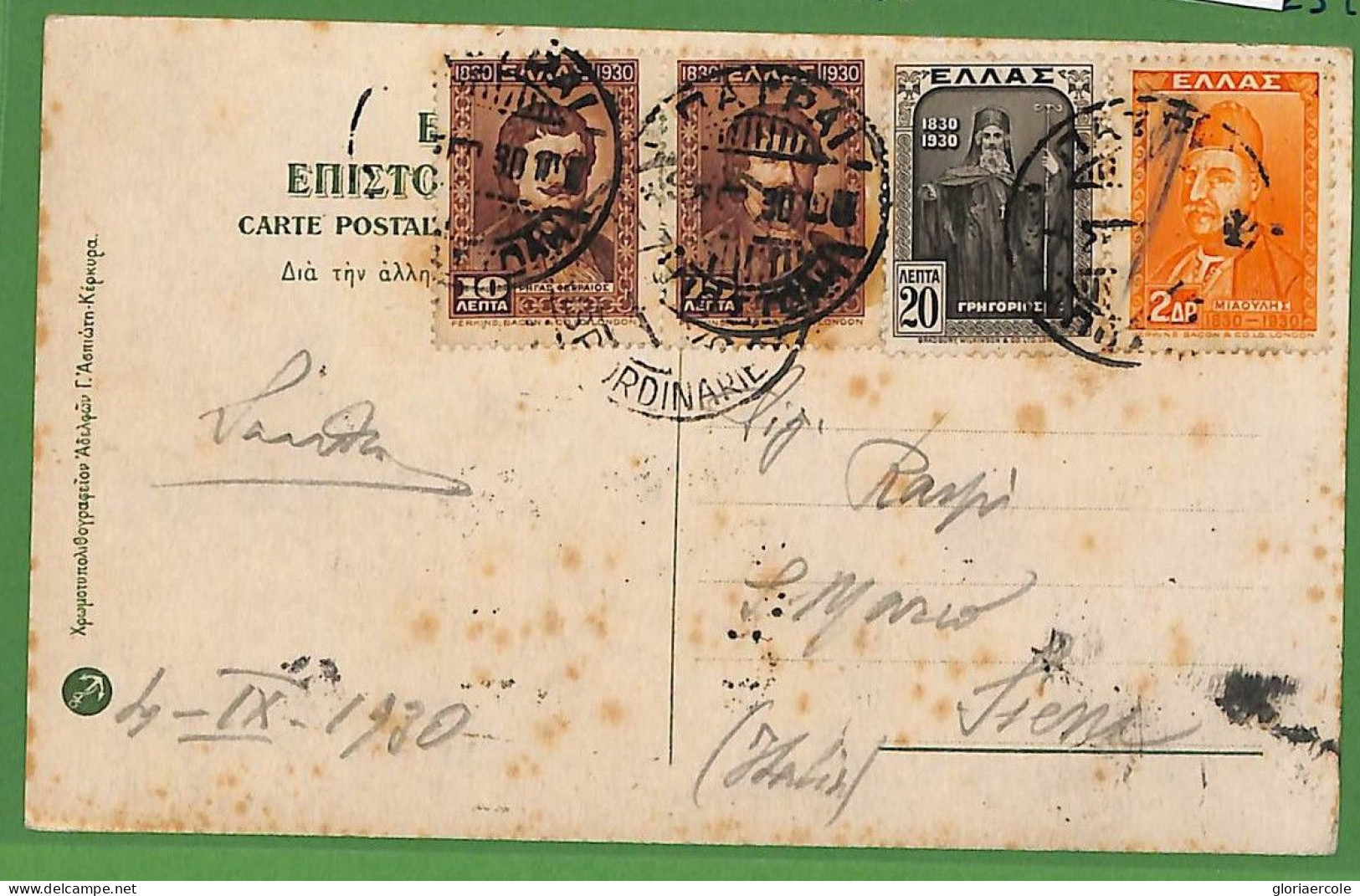 Ad0892 - GREECE - Postal History -  POSTCARD To ITALY 1930 - Briefe U. Dokumente