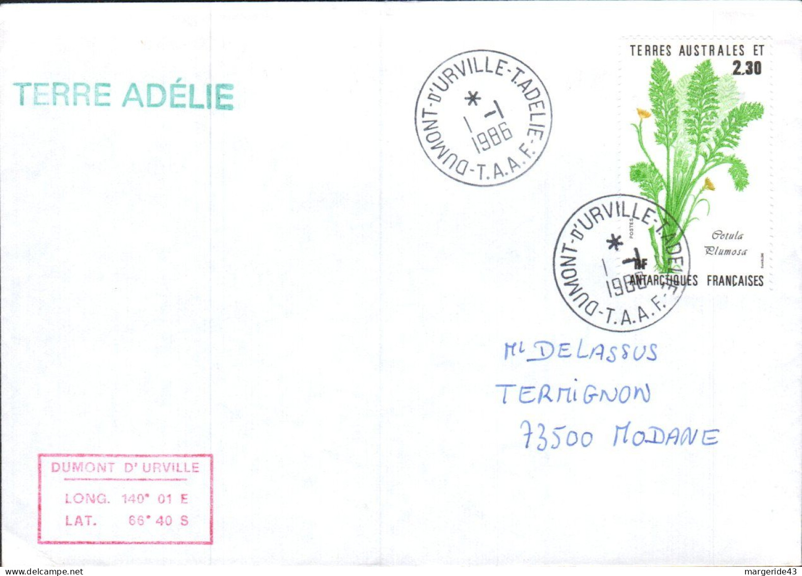 TAAF LETTRE DE DUMONT D'URVILLE 1986 - Storia Postale