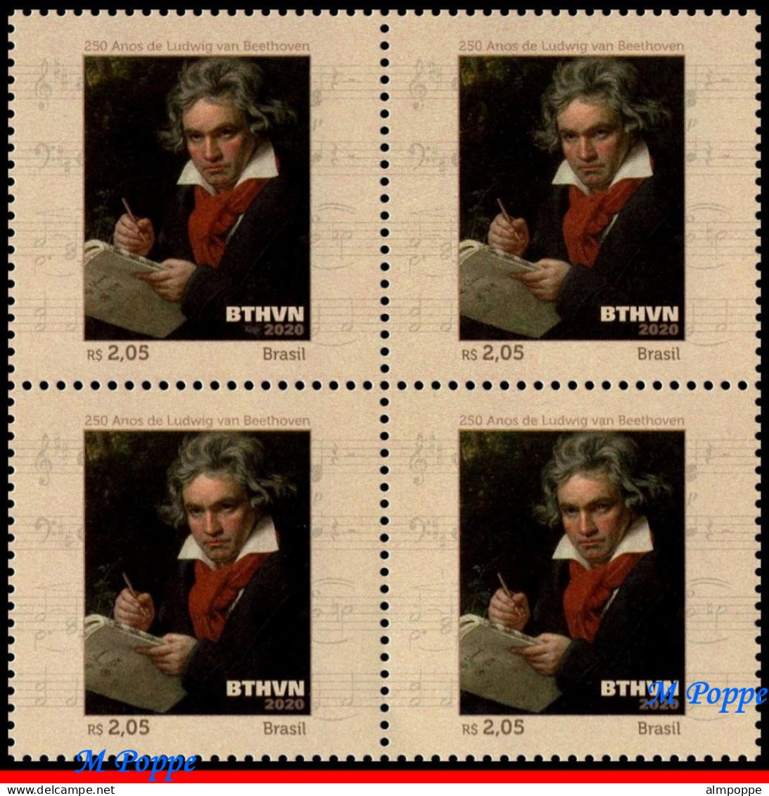 Ref. BR-V2020-12-Q BRAZIL 2020 - LUDWIG VAN BEETHOVEN, 250YEARS, COMPOSER, MUSIC, BLOCK MNH, FAMOUS PEOPLE 4V - Blocks & Sheetlets