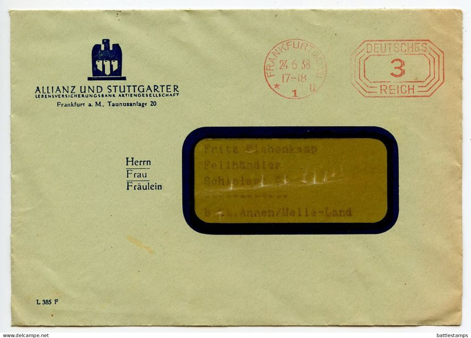 Germany 1938 Cover W/ Invoice & Zahlkarte; Frankfurt (Main) - Allianz Und Stuttgarter To Schiplage; 3pf. Meter - Maschinenstempel (EMA)