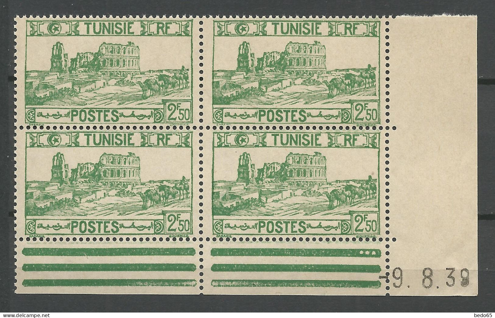 TUNISIE N° 219 Bloc De 4 Coin Daté 9 / 8 / 39 NEUF**  SANS CHARNIERE NI TRACE / Hingeless  / MNH - Nuevos