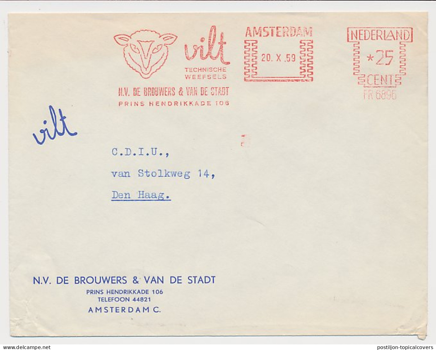 Meter Cover Netherlands 1959 Sheep - Felt - Amsterdam - Hoftiere