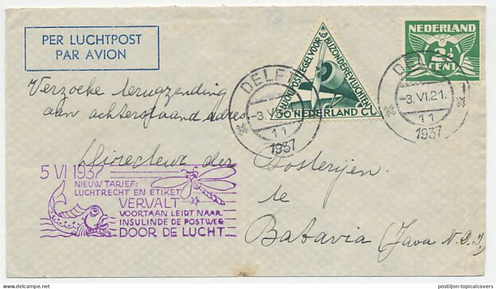 Delft - Ned. Indie 1937 - Abusievelijk Geopend - Netherlands Indies