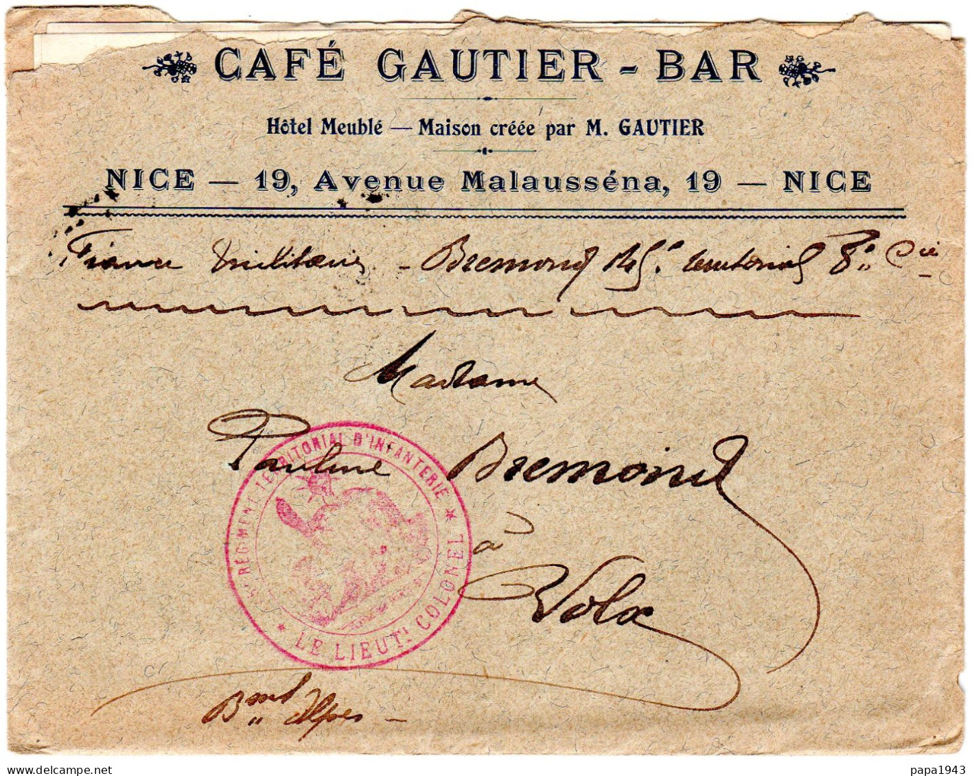 1914  " CAFE GAUTIER - BAR "  19 Avenue Malaussena NICE  Envoyée à VOLX - Briefe U. Dokumente