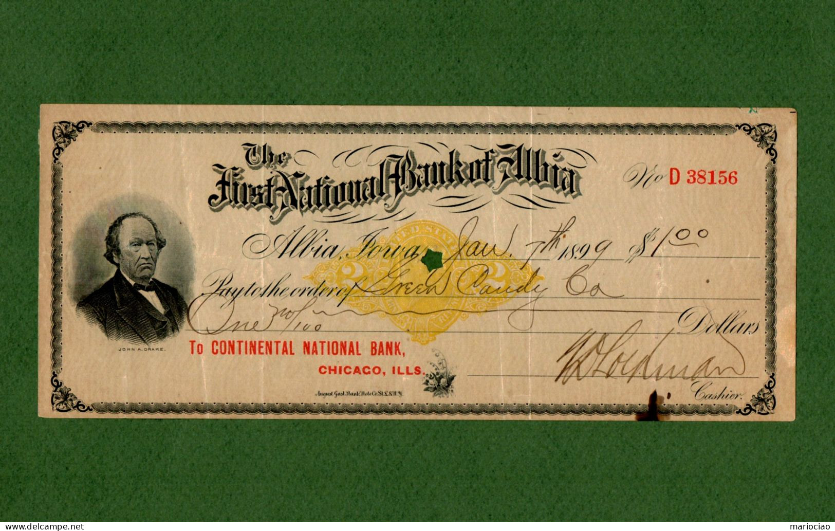 USA Check First National Bank Of Albia Iowa 1899 Print A. Drake Bank's President - Otros & Sin Clasificación