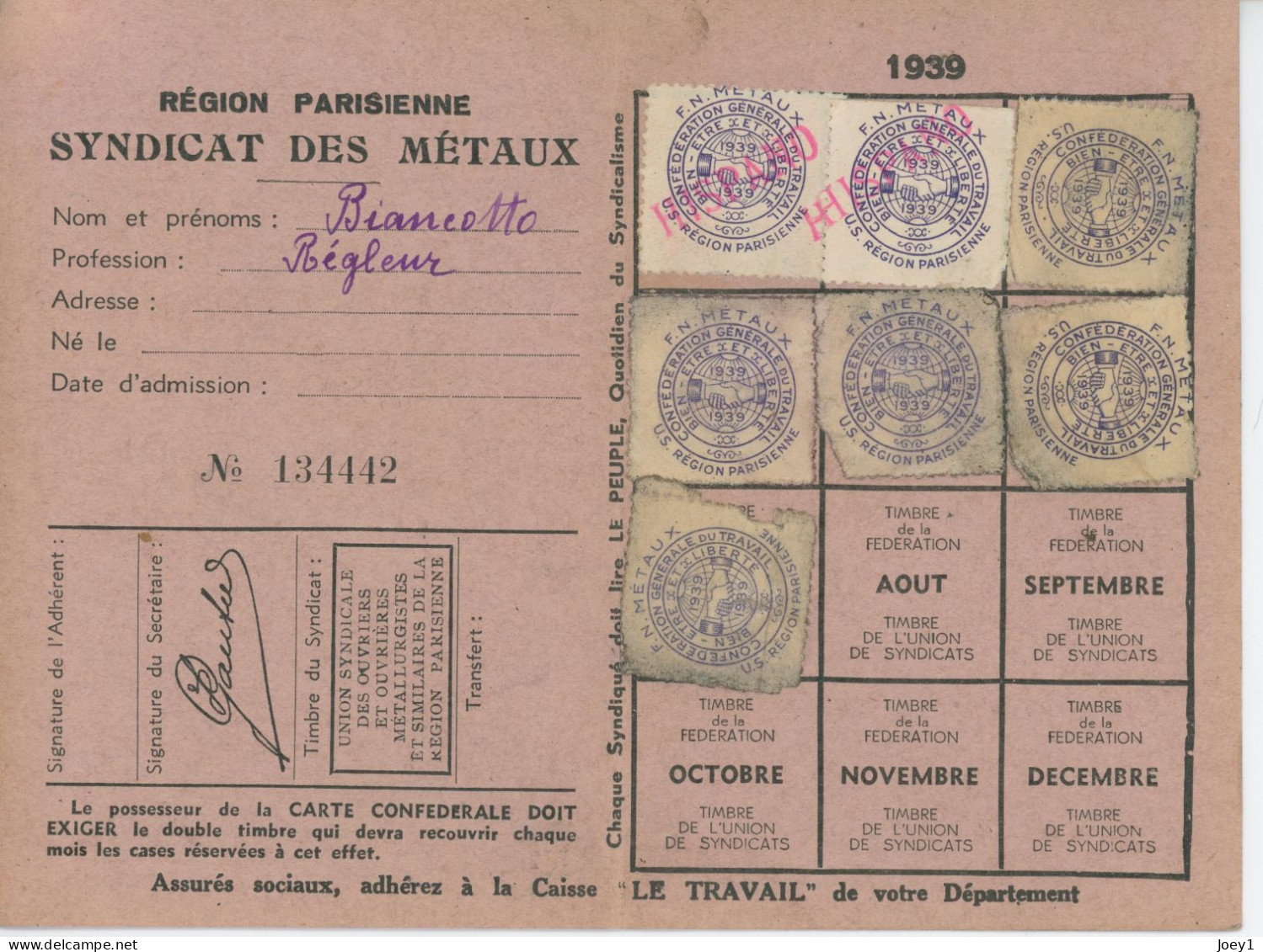 Carte De La CGT 1939 - Cartes De Membre