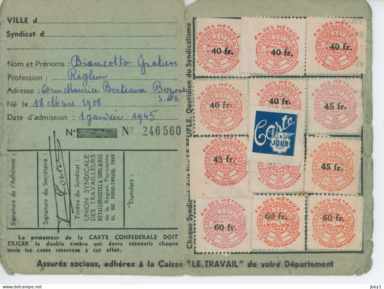 Carte De La CGT 1946 - Tarjetas De Membresía