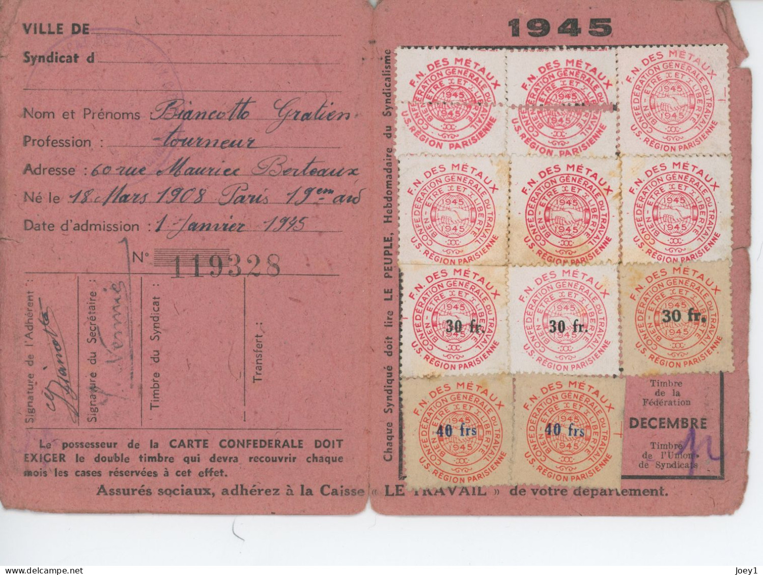 Carte De La CGT 1945 - Cartes De Membre