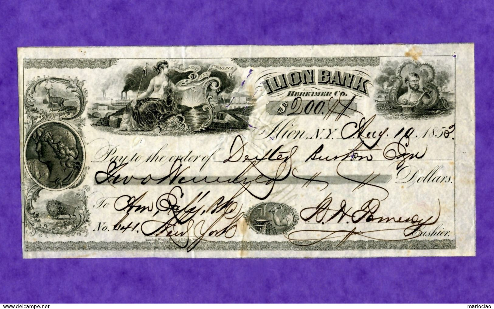 USA Check ILION BANK Herkimer County New York 1853 - Otros & Sin Clasificación