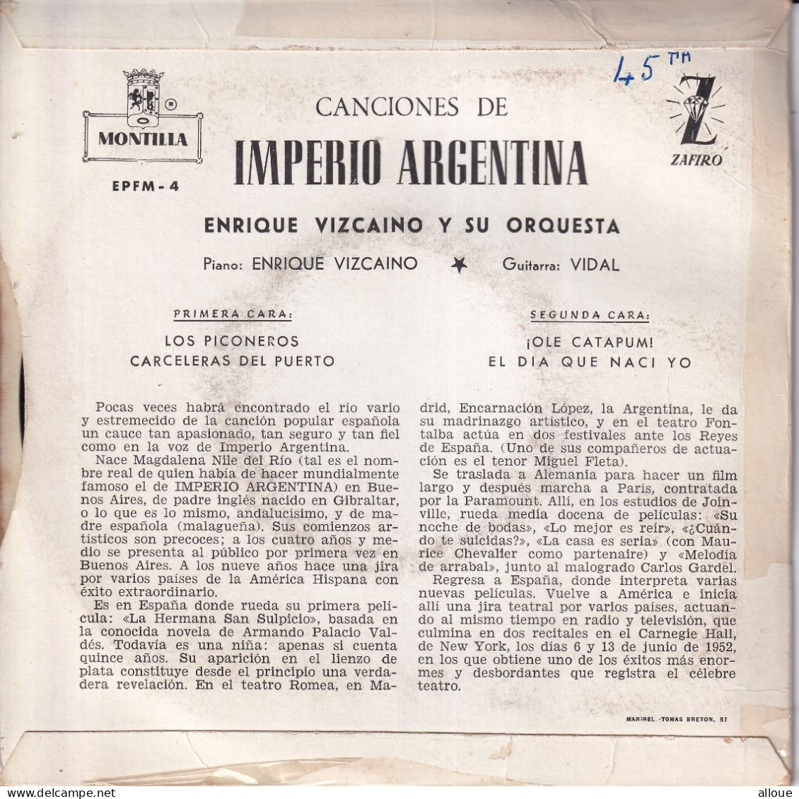 ENRIQUE VIZCAINO Y SU ORQUESTA - SPAIN EP - IMPERIO ARGENTINA - Musiche Del Mondo